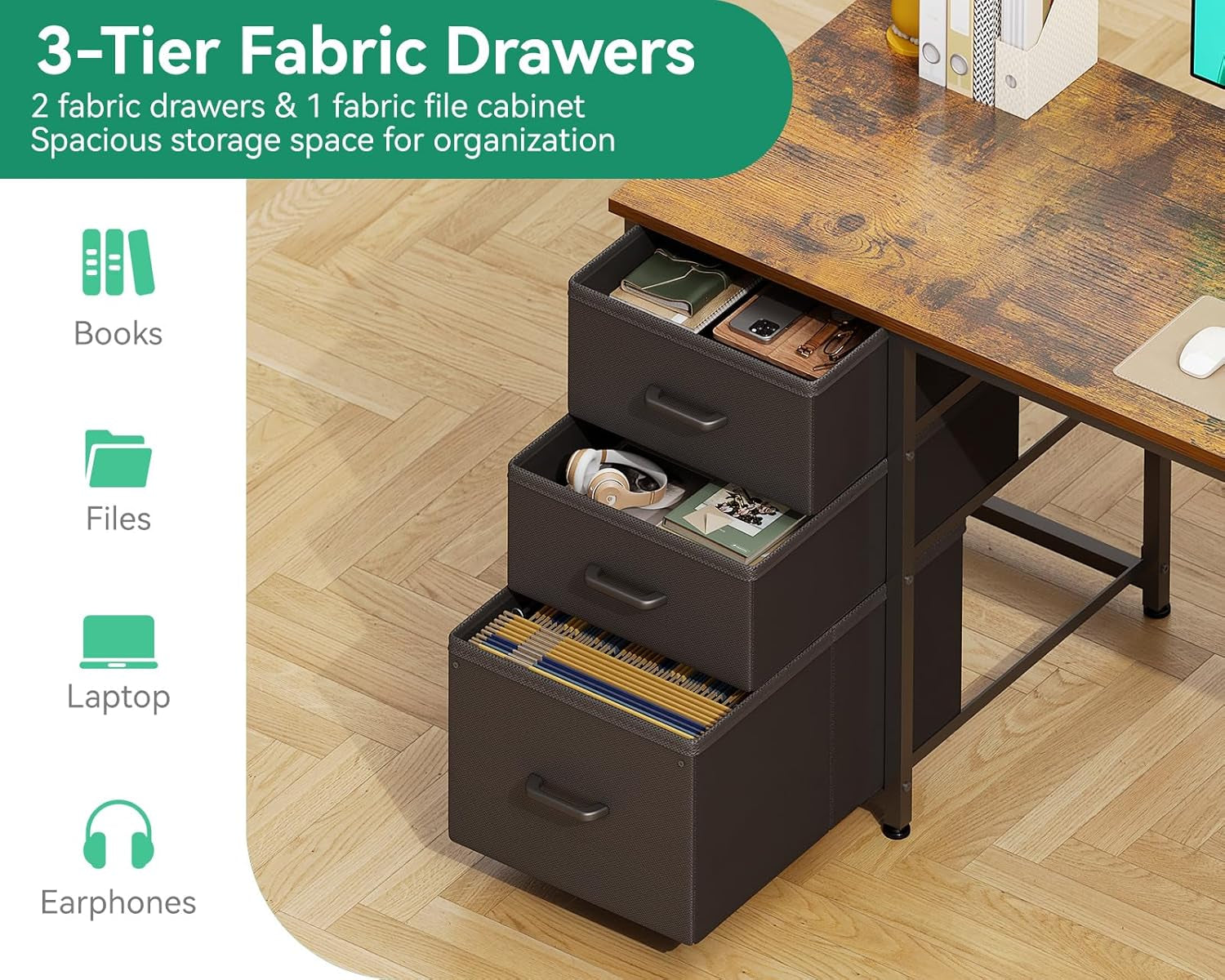 51 Inch Computer Desk with Fabric Drawers & USB Power Outlets, Reversible Home Office Desk with Storage Shelves, Work from Home, Modern Work/Writing/Study Table for Bedroom, Vintage-3