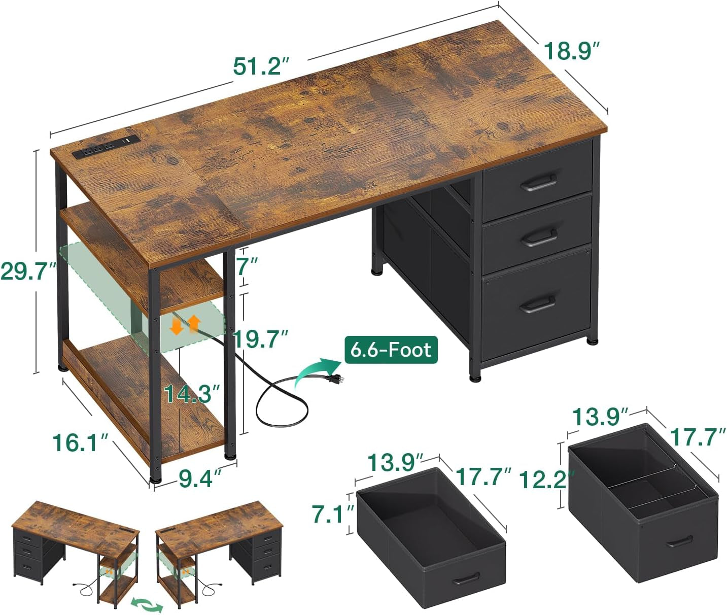 51 Inch Computer Desk with Fabric Drawers & USB Power Outlets, Reversible Home Office Desk with Storage Shelves, Work from Home, Modern Work/Writing/Study Table for Bedroom, Vintage-2