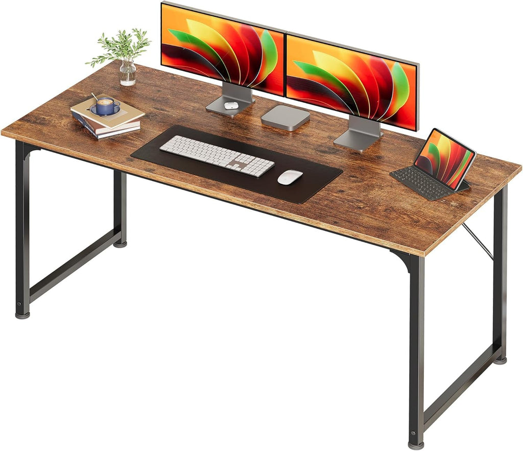 Computer Desk, 55 Inch Home Office Desk, Gaming Writing Work from Home Study Desk, Large Legroom, Sturdy Metal Frame, Modern Simple, Rustic Brown-0